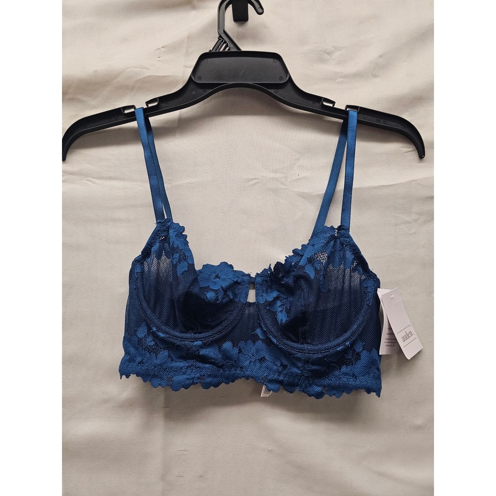 Auden Womens Lace Unlined Long Line Balconette Bra Blue Nylon Blend Size 32B